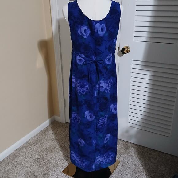 Chadwick's 4 MAXI Sleeveless FLORAL Side-Slit Blue Long Tie-Waist A-Line Dress - Picture 8 of 13